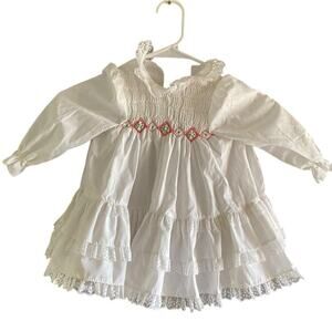 Vintage Polly Flinders White Smocked Cotton Blend Baby Dress Size 24 Months